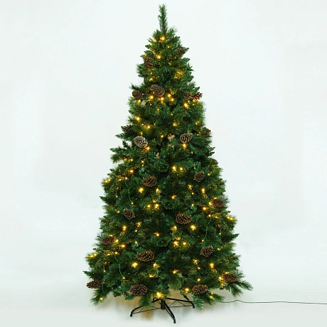 Елка светодиодная "Лесная метель" 240 см, ПВХ+леска (шишки и напыление) 1511 веток, 310 ламп LED,Теплый белый