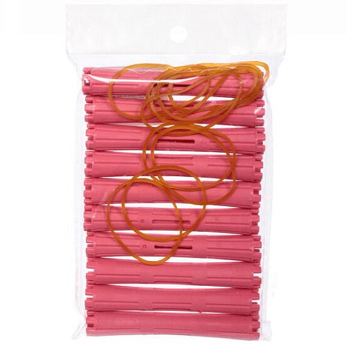 Бигуди пластмассовые-коклюшки с резинками 10шт d-13см KUDRI, цвет розовый, (прозрачный пакет с подвесом)_4