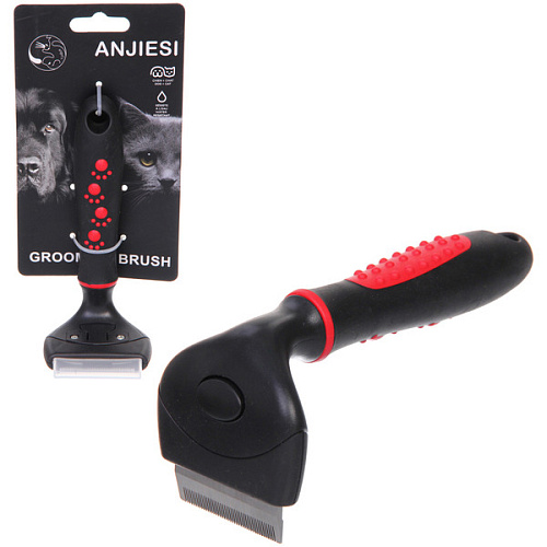 Расческа - фурминатор с кнопкой самоочистки для животных "ПРОФФ - МОЙ БРО", прорезиненная ручка, цвет черный, 6*14,5см 