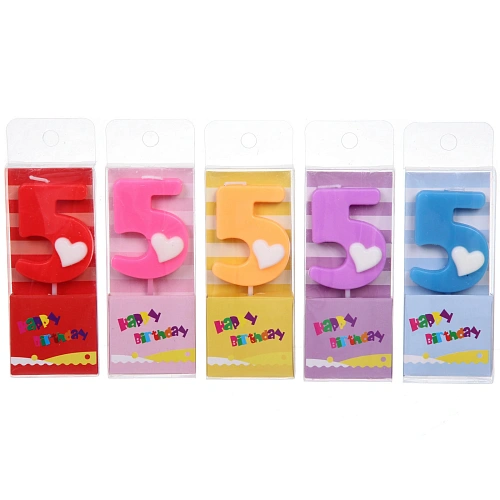 Свеча для торта Цифра Сердечко "5" 9 см, микс цветов